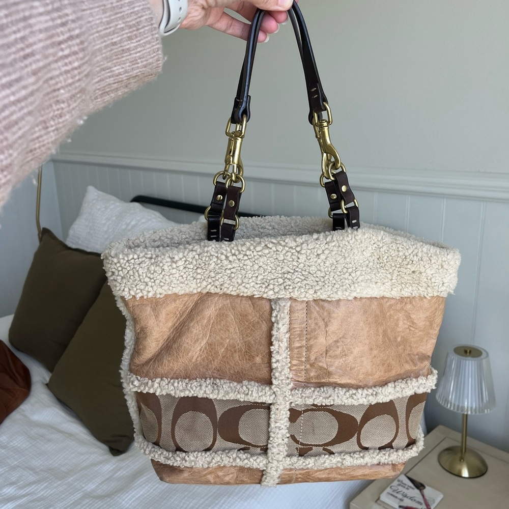 Coach Whiskey Leather and Shearling Signature Tote Bag